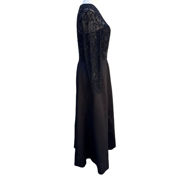 Oleg Cassini Black Tie Vintage Black‎ Beaded Evening Gown Sheer Floral Dress - Picture 10 of 14
